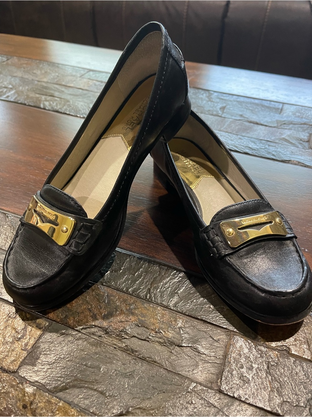 Michael Kors Black Leather Loafer Pumps with Gold Accent - Women's